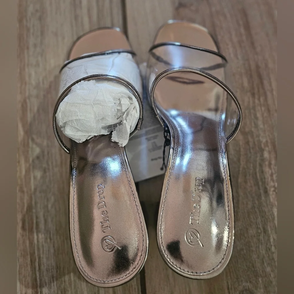 The Drop Clear Strap Block Heel Sandals Sz 10 Pewter Metallic Square Toe Mule.